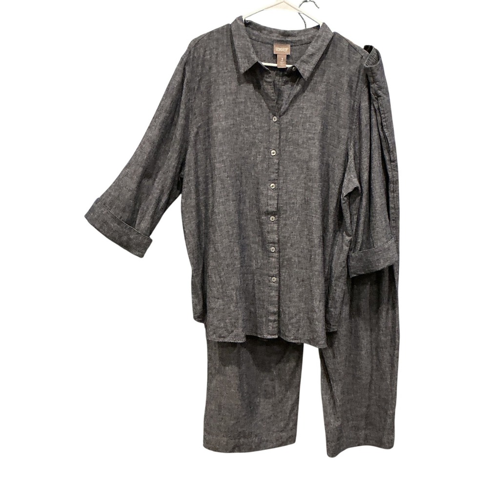 Chicos Linen Blend Pant Set Sz XL 3 Blue Chambray Button‎ Down Beachy Boho Vacay
